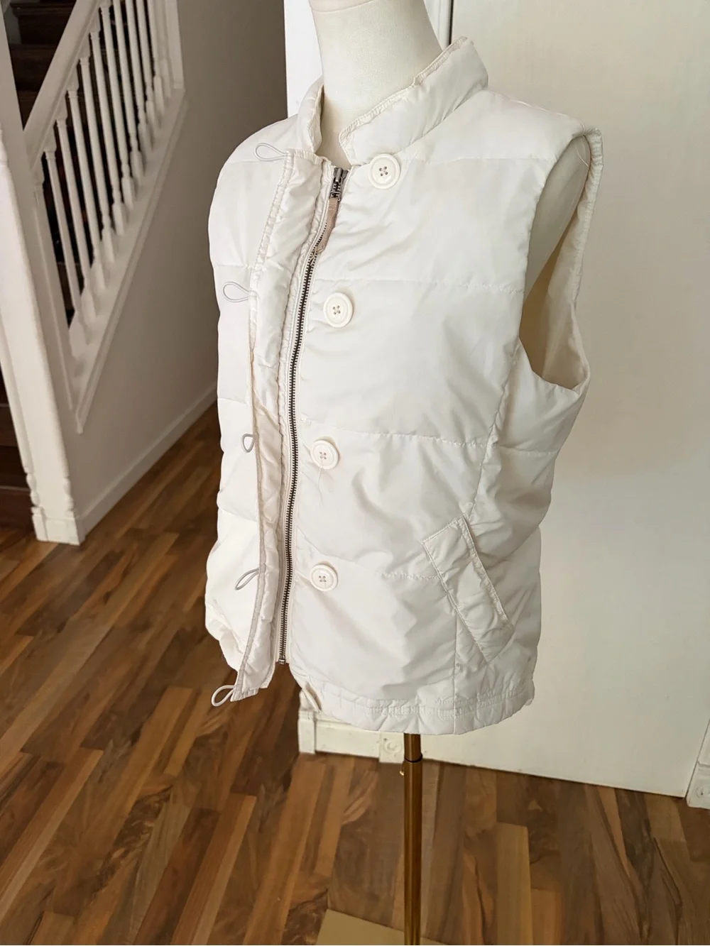 Y2K J. Crew Off-White Quilted Button-Front Puffer Vest, Large, EUC